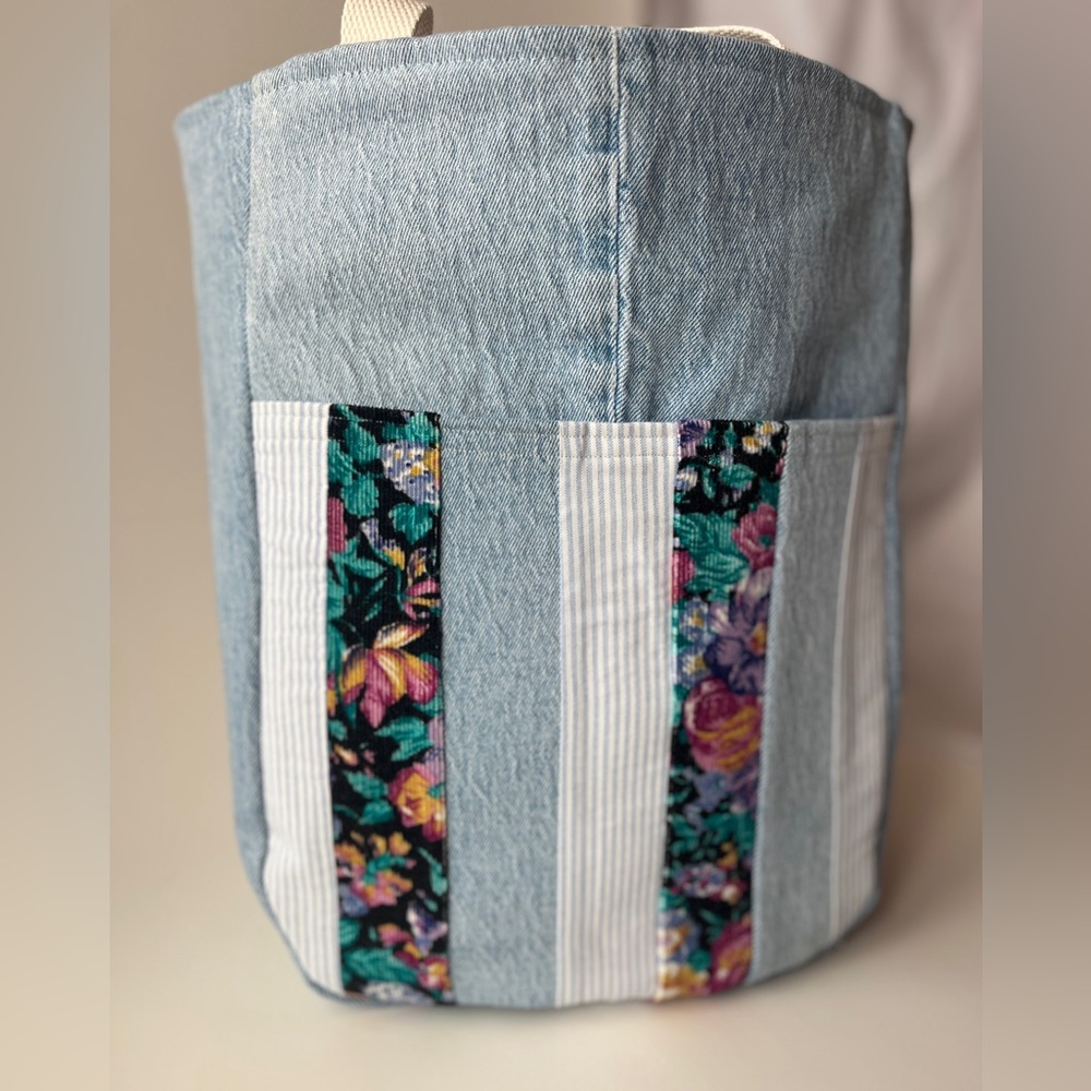 Denim Tote Bag Vintage Floral - Large